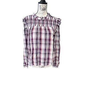 Ann Taylor LOFT Womens Button Up Shirt Blouse Medium Long Sleeve Plaid High Neck
